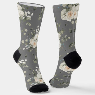 Chaussette Mariage blanc Bouquet floral sur gris