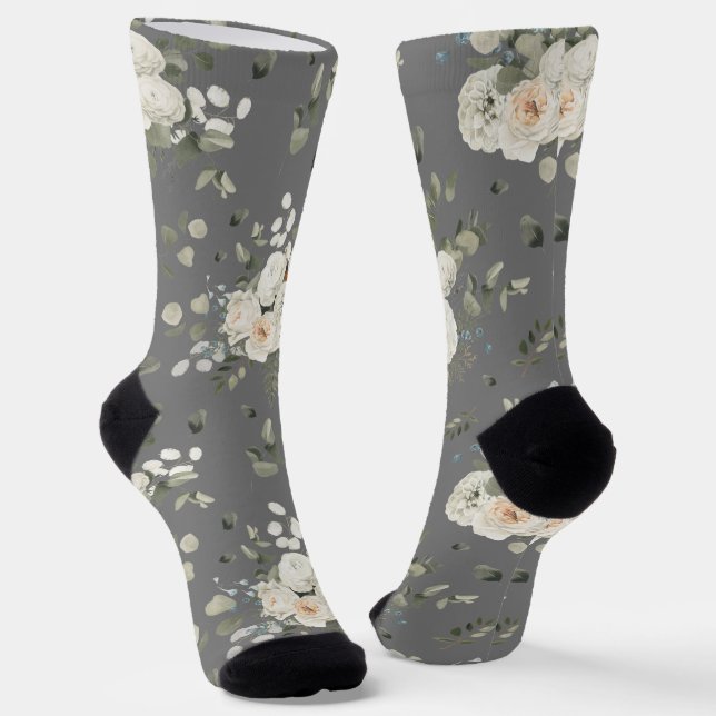 Chaussette Mariage blanc Bouquet floral sur gris (Angulaire)