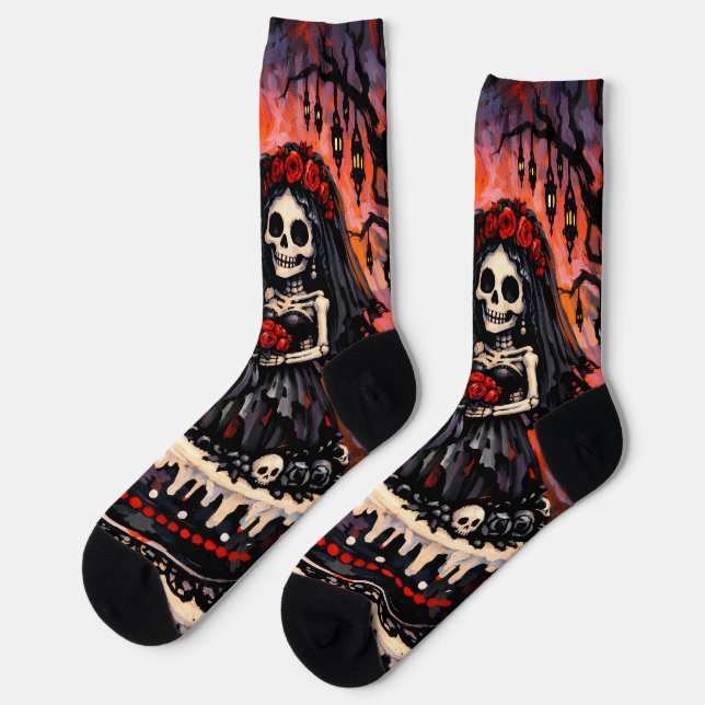 Chaussette Mariage de squelettes, amants gothiques s'étreigne (Gauche)