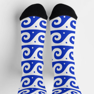Chaussette Méandre grec, motif de vague méditerranéen, bleu