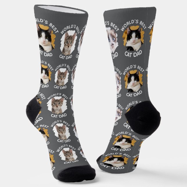 Chaussette Meilleur Chat Papa - Custom 3 Photos de Chat Gris (Angulaire)