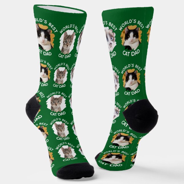 Chaussette Meilleur Chat Papa - Custom 3 Photos de Chat Vert (Angulaire)