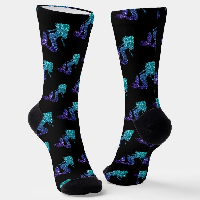 Chaussette Mermaid aqua bleu ombre motif noir (Angulaire)