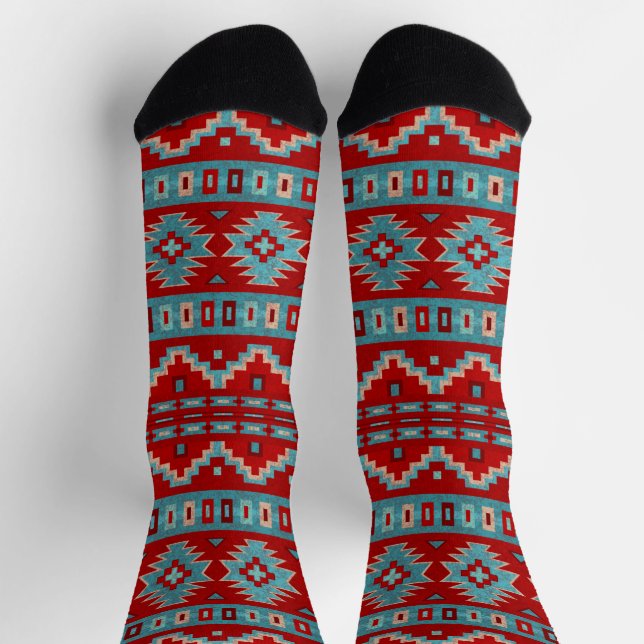 Chaussette Mesas Sud-Ouest Turquoise et Motif géométrique rou (Haut)