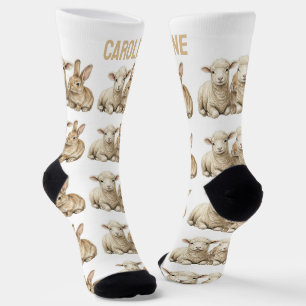 Chaussette Mignon agneau et lapin à l'aquarelle avec nom pers