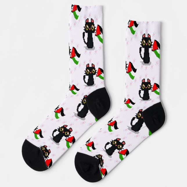 Chaussette mignon chat noir tient drapeau de la Palestine (Gauche)
