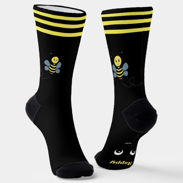 Chaussette Mignonne abeille heureuse sur chaussettes noires (Angulaire)