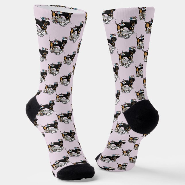 Chaussette Mignonne Tea Party Dachshund Dog (noir & bronzage) (Angulaire)