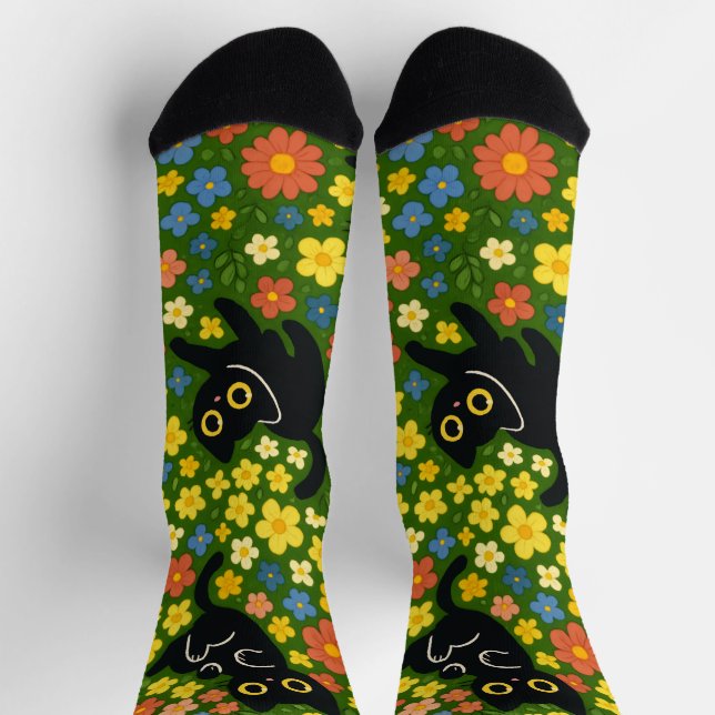 Chaussette Mignons Chats Noirs Motif Floral de Prairie (Haut)