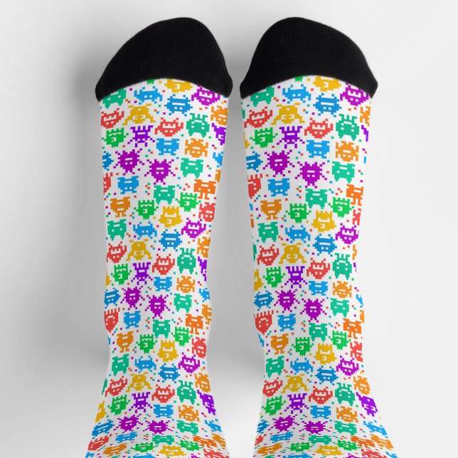 Chaussette Mignons monstres pixellisés colorés motifs (Haut)