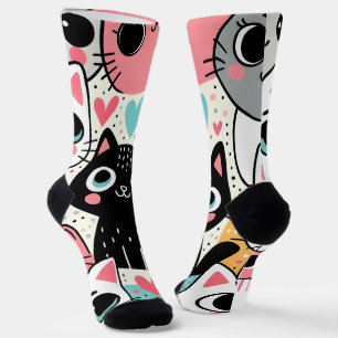 Chaussette Mignons visages de chat Kawaii et cœurs fantaisist
