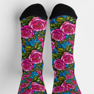 Chaussette Mode Florale Féminine Mosaïque de Roses Roses Pink