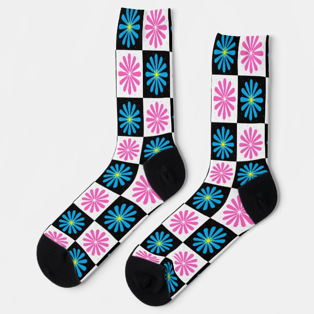 Chaussette Modèle floral bleu rose géométrique (Gauche)