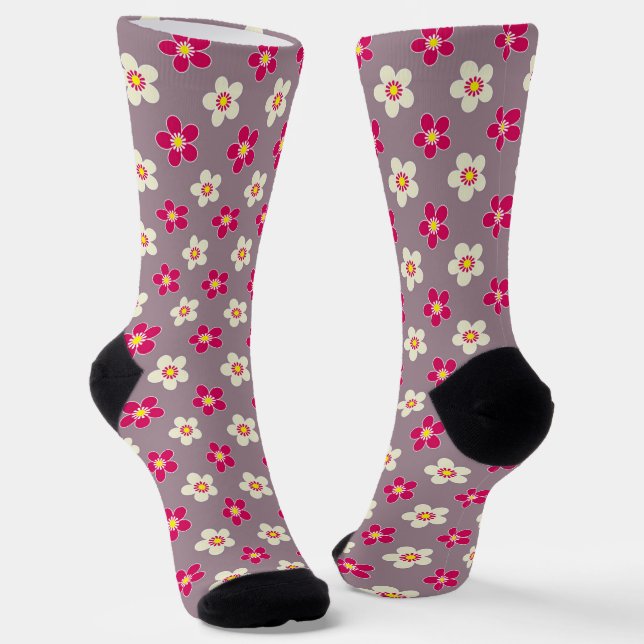 Chaussette Modèle floral de pourpre et de fleurs blanches sur (Angulaire)