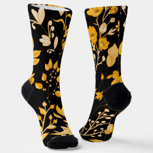 Chaussette Modèle Floral d'or pour l'automne. BG noir
