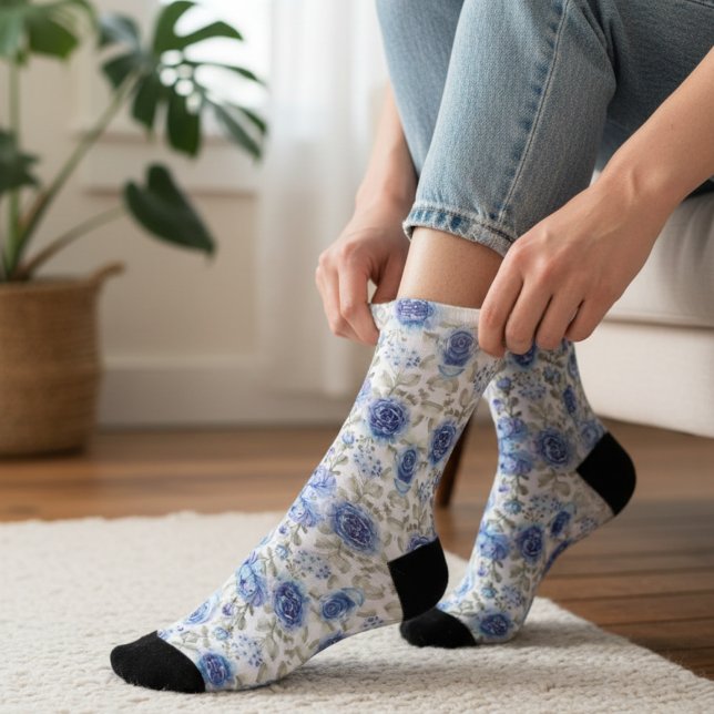 Chaussette Modèle vintage de printemps bleu floral (Créateur téléchargé)