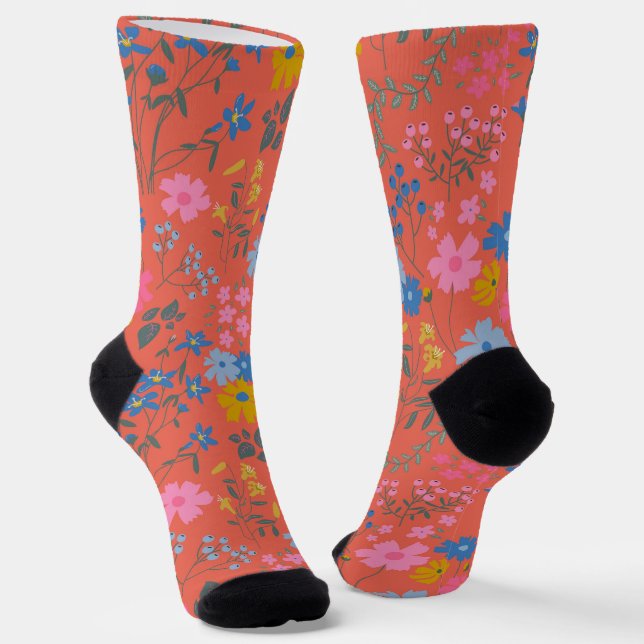 Chaussette Moderne Boho Rouge Floral Botanique (Angulaire)
