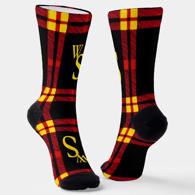 Chaussette Moderne Gras, noir, rouge, monogramme jaune plaid (Créateur téléchargé)
