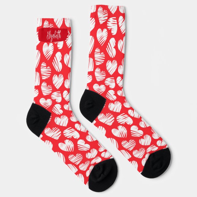 Chaussette Moderne Rouge et Blanc Doodled Heart Valentine Nom (Droite)