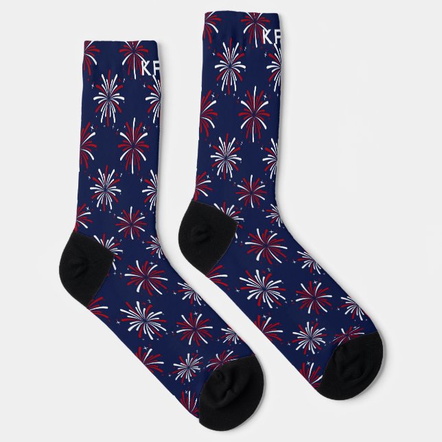 Chaussette Monogram Initials Red & White Fireworks on Blue (Droite)