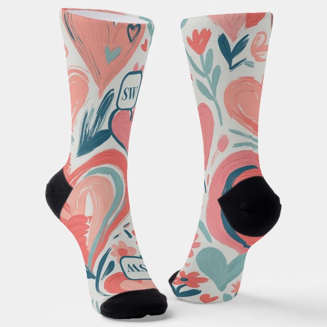 Chaussette Monogramme abstrait orange turquoise au coeur (Créateur téléchargé)