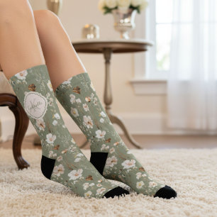 Chaussette Monogramme de Fleur sauvage vert à l'échelle perso