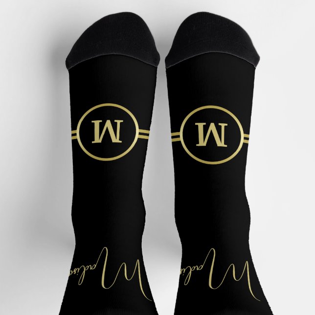 Chaussette Monogramme de signature or élégant sur fond noir (Haut)