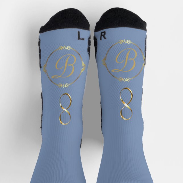 Chaussette Monogramme en or avec cercle infini sur bleu | (Haut)