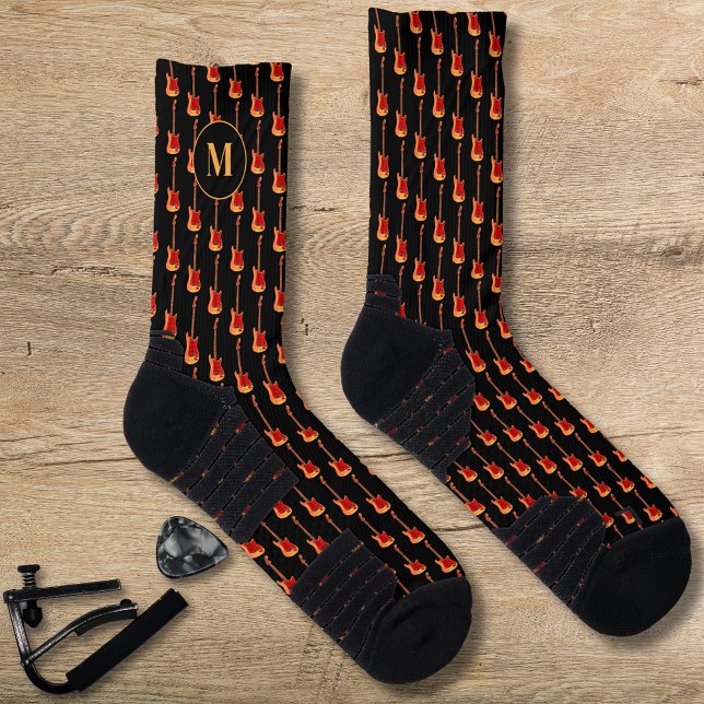 Chaussette Monogramme Motif de guitare électrique (Electric guitar pattern monogram black socks for Father’s Day rockstar guitarist musician dad)