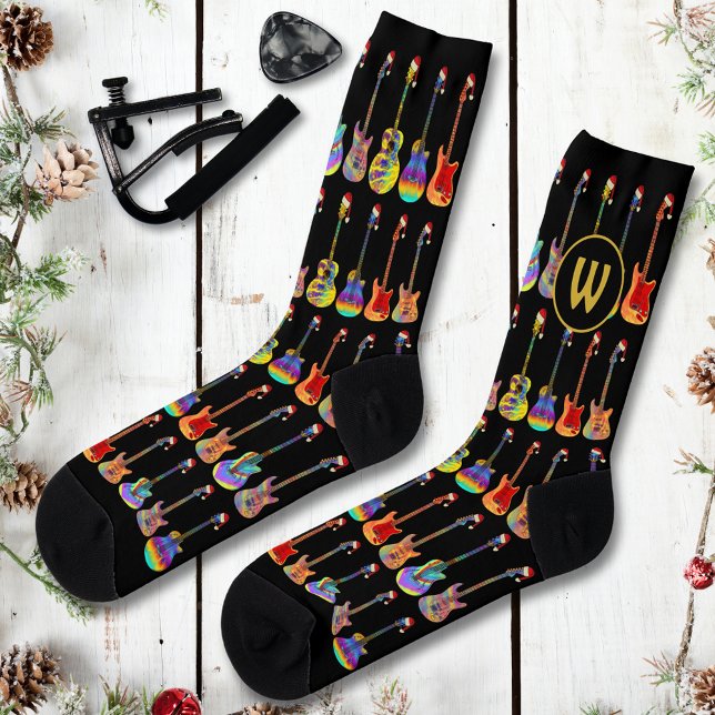 Chaussette Monogramme personnalisé Cool de la guitare Noël (Personalized christmas guitar player monogram initial cool teenage band guitarists xmas socks)