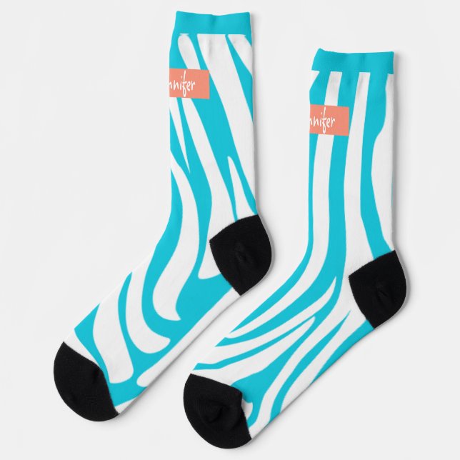 Chaussette Monogramme Turquoise rayé Zèbre motif tendance (Gauche)