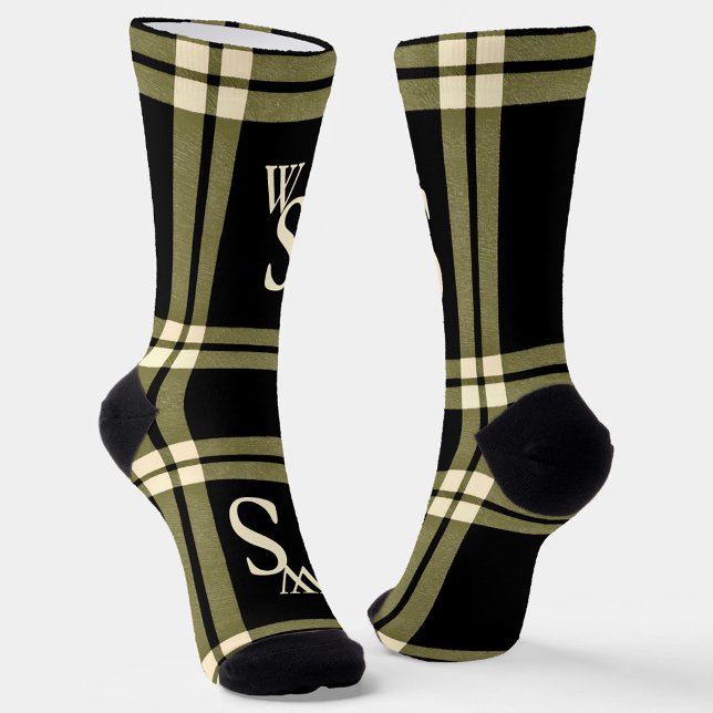 Chaussette monogramme vert olive, crème et plaid noir (Créateur téléchargé)