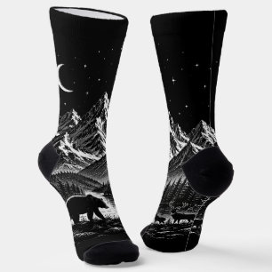 Chaussette Montagne Mystique Nuit de Style Linogravure Sauvag