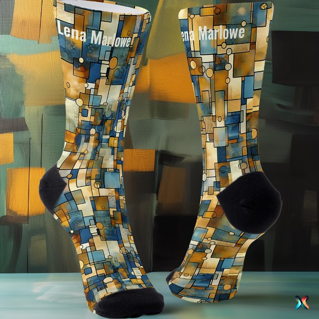 Chaussette Mosaïque Abstraite en Bleu et Or Contemporain  (Créateur téléchargé)