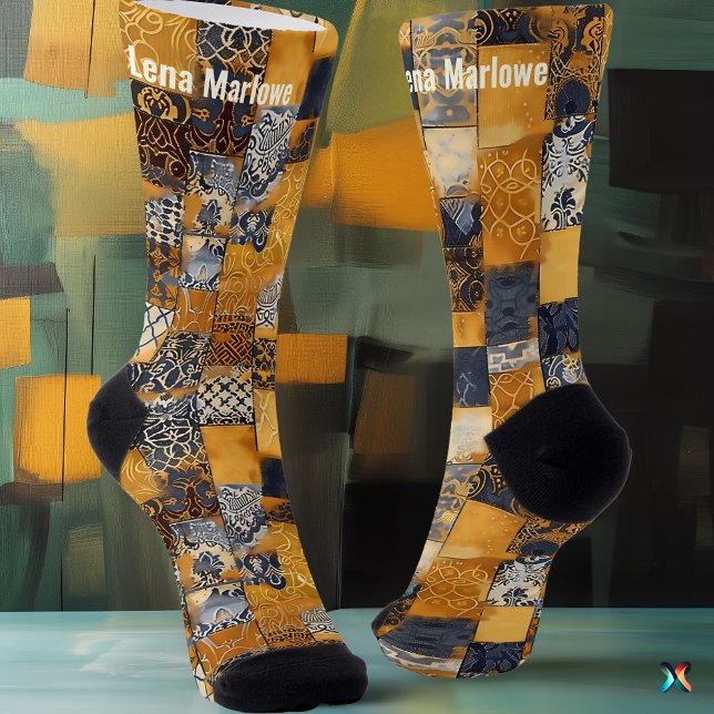 Chaussette Mosaïque de carreaux dorés et bleus marine – Créat (Créateur téléchargé)
