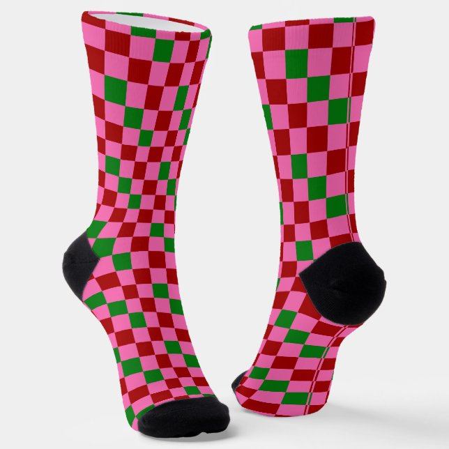 Chaussette Motif à carreaux rouge rose vert  (Angulaire)