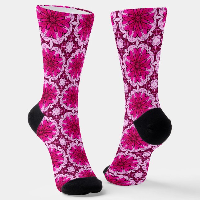 Chaussette Motif à fleurs géométriques en Bourgogne & Magenta (Angulaire)