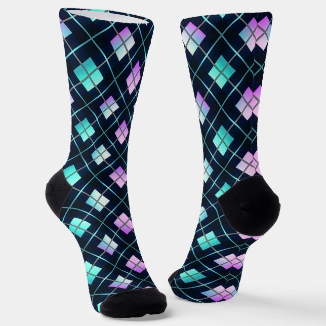 Chaussette Motif Argyle Noir, Bleu et Rose Rétro Futuriste (Angulaire)