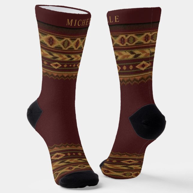Chaussette Motif Aztèque Jaune Maroon Rouge Personnalisé (Angulaire)