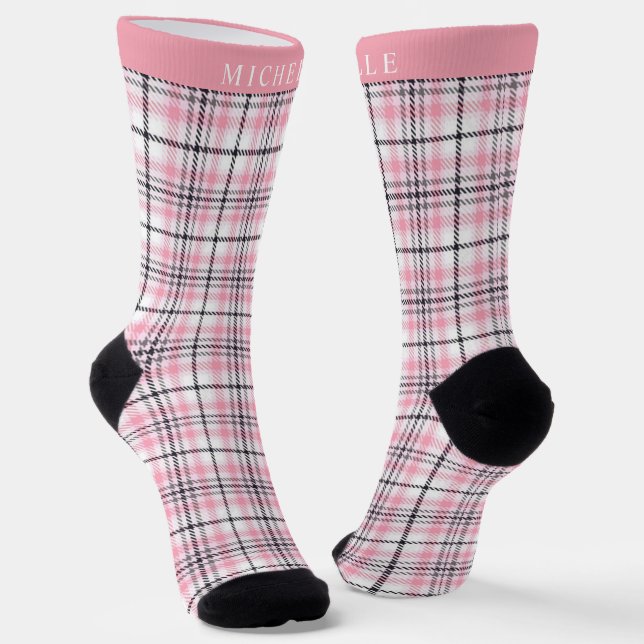 Chaussette Motif blanc rose À damiers noir personnalisé (Angulaire)