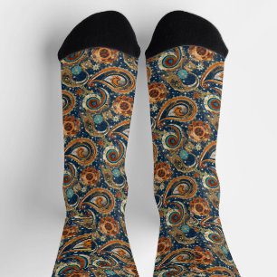 Chaussette Motif Celestial Paisley Marine Bleu, Orange, Or