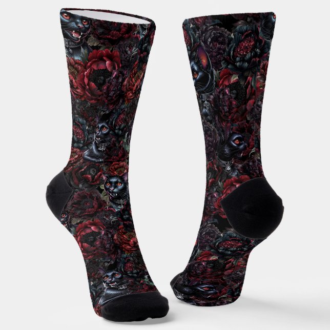 Chaussette Motif Chat Noir Gothique & Fleurs Sombres  (Angulaire)