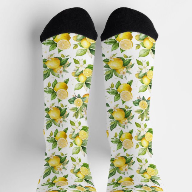 Chaussette Motif citron, Fleurs de citron, Feuilles, Citrus (Haut)