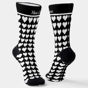 Chaussette Motif Cœur Élégant Noir Blanc Nom Personnalisé