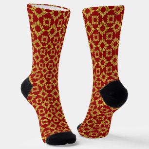 Chaussette Motif damassé doré royal sur fond rouge foncé