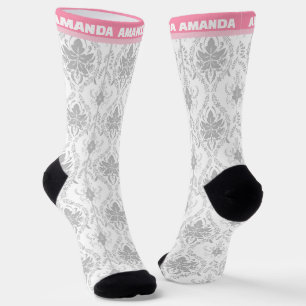 Chaussette motif damassé rose blanc