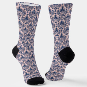 Chaussette Motif damassé vintage bleu marine et rose clair