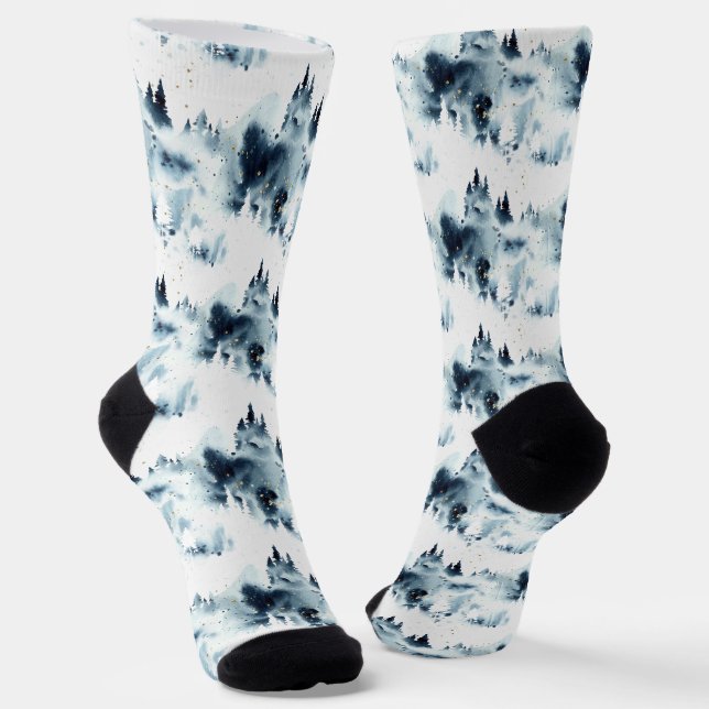 Chaussette Motif d'aquarelle de la forêt bleue de minuit (Angulaire)