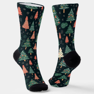 Chaussette Motif d'arbre de Noël vert et corail festif
