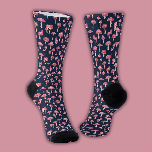Chaussette Motif de champignon rose (Pink mushroom navy blue patterned socks)